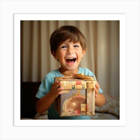 Happy Little Boy Holding A Gift Art Print