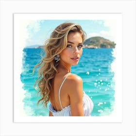 A Stunning Greek Woman In Watercolor, Surrounded By The Azure Waters Of The Aegean 1 Art Print