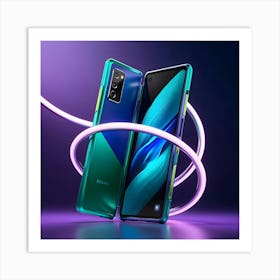 A Highly Detailed, Futuristic 3d Rendered Depiction Of A Sleek Mobile Phone, Showcasing A Vibrant, Electric Blue And Neon Green Color Scheme With Metallic Accents, Set Against A Dark, Gradient Purple Background  Art Print