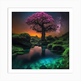 colossal, twisted tree, adorned with vibrant bioluminescent flowers Art Print