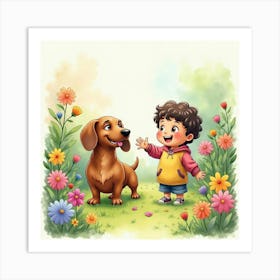 Friendly Dachshund And Child Playing In A Colorful Garden, Watercolor 1 Art Print