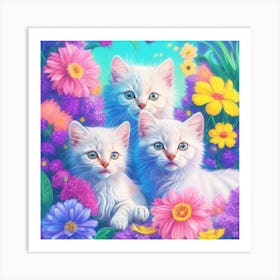 Three Kittens In Flowers Art Print