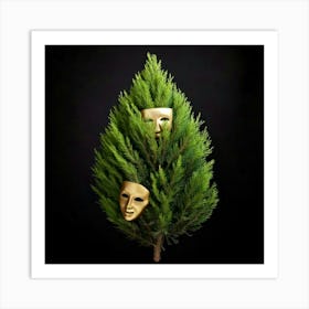 Firefly Masks, Floating, 3d, Tragedy, Comedy, Pine, Leaves, Nature, Theater, Art, Symbolism, Contras (9) Art Print