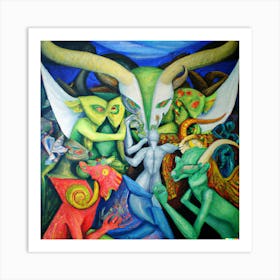 A Cubism Oil Painting Of Demons And Angels Art Print