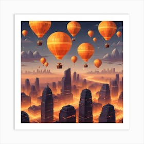 Hot Air Balloons Over A Futuristic City At Sunset Art Print