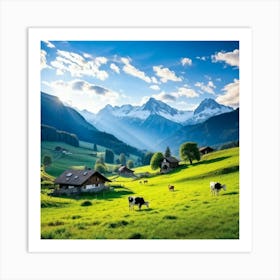 Alpine Pastoral Landscape Cows Grazing On Lush Green Slopes Snow Capped Mountains In The Distance (2) Art Print