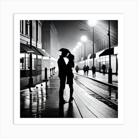 Couple Kissing In The Rain Art Print
