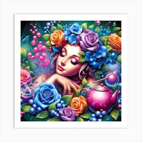 Girl With Flowers And Teapot Art Print