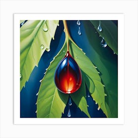 A Close Up Of A Glossy, Red And Blue Orb Resting On A Green Leaf With Water Droplets Art Print