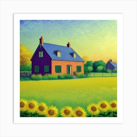 Serene Farm Life Sunset Over the Fields Sunflowers Art Print