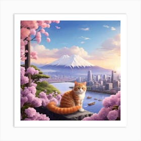 Cat In Cherry Blossoms Art Print