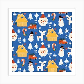 Holiday Christmas Santa Workshop Minimal Retro Blue Art Print