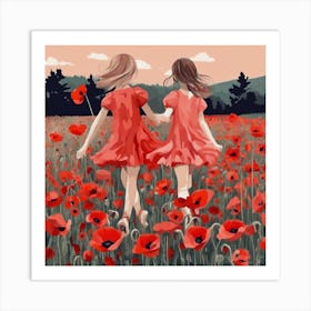 Two Girls In A Poppy Field 2 Art Print