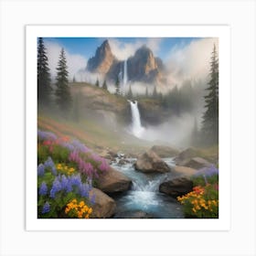 Waterfall And Wildflowers paintings art print Art Print