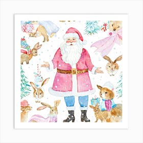 Pastel Watercolor Illustration Of Santa Wearing A Hat Having A Festive Conversation With Pink Dresse Art Print