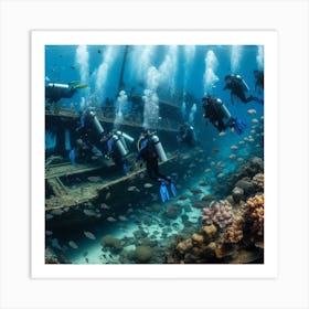 Scuba Divers On A Wreck Art Print