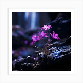 up close on a black rock in a mystical fairytale forest, alice in wonderland, mountain dew, fantasy, mystical forest, fairytale, beautiful, flower, purple pink and blue tones, dark yet enticing, Nikon Z8 2 Art Print