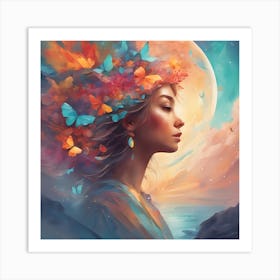 Woman With Butterflies In Her Hair Art Print