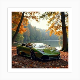 Lamborghini Reventón By A Serene Autumn Forest Lake 1 Art Print