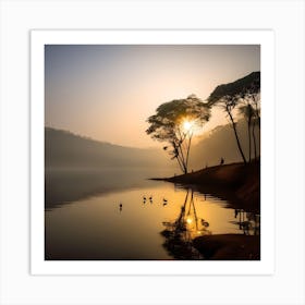 Lake, Mountain, Forest, Sun, Birds 1 Art Print