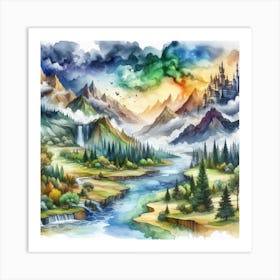 Watercolor Landscape With Castle 1 Art Print