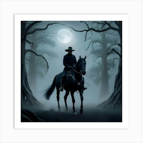 A Solitary Horseman Rides A Majestic Black Stallion Through A Misty, Moonlit Forrest 2 Art Print