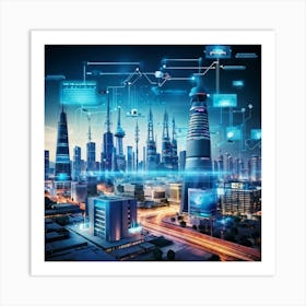 Cybersecurity Themed Futuristic Cityscape Interwoven With Telecom Towers And Emerging Broadband Conn Affiche