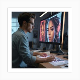 Portrait Of A Young Man Using A Computer Art Print