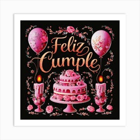 Feliz cumple and Feliz cumpleaños sign means Happy Birthday in Spanish language, Birthday party celebration gift with birthday cake candle colorful balloons best congratulation over light background wall artFeliz Cumple 38 Art Print