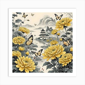 Chinese Landscape With Chrysanthemums And Butterflies, Yellow And Black Art Print