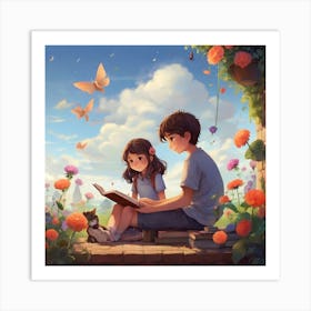 Boy And Girl Reading A Book Art Print