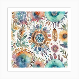 Boho art, leaves and circles Art Print