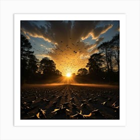 The Majestic Sight of Birds in Flight, Their Shadows Reflecting the Warmth of the Dusk Art Print