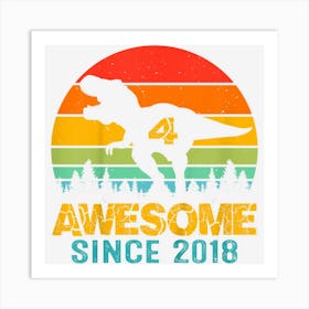 Kids 4 Year Old Boy Dinosaur Awesome Since 2018 4th Birthday Gift Art Print