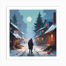 Man Walking Down A Snowy Street Art Print