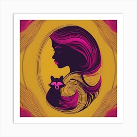 Woman With Raccoon, Mustard, Fuchsia and Plum Art Print