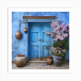 Blue wall. An old-style door in the middle, silver in color. There is a large pottery jar next to the door. There are flowers in the jar Spring oil colors. Wall painting.16 Art Print