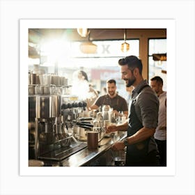 Barista Swiftly Spinning Pouring Water Into A Gleaming Espresso Machine Amidst Morning Rush In Bu 2 1 Art Print