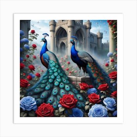 Peacocks And Roses Art Print