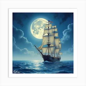 Majestic Ship Sailing Under A Watercolor Moonlight 1 Art Print