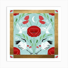 Red poppies and Cranes Art Print