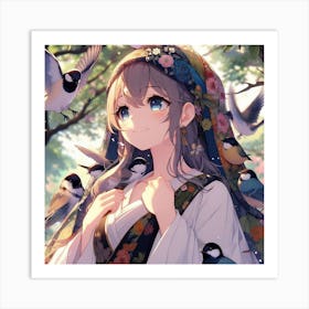 Anime Girl With Birds 4 Art Print