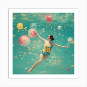 Woman Floating In The Water With Ballons and Flowers Art Print