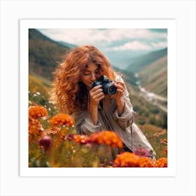 Woman Taking A Photo Of Flowers Art Print