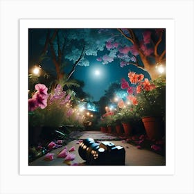 A Picture Of A Garden With Flowers Blooming At Night Under The Moon With The Camera Pointed Low Towards The Ground Art Print