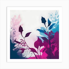 Botanical Illustration Silhouette, Fuchsia, Blue and White Art Print