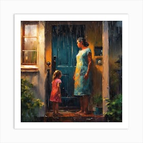 Mother And Daughter In The Rain 1 Art Print
