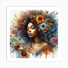 Watercolor Of A Woman With Flowers 1 Art Print