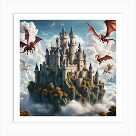 Dragons Flying Over A Castle Art Print