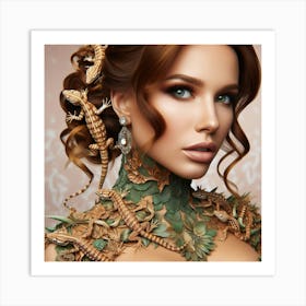 Beautiful Woman With Lizards Art Print